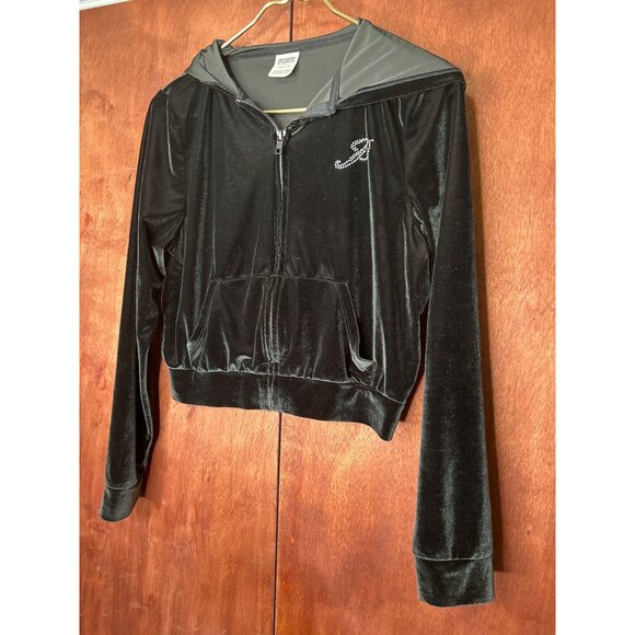 Victorias Secret PINK Black Velour Hoodie & Jogger Set W/Rhinestones Womens S - Picture 5 of 9
